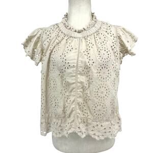 Jennifer & Grace Women's L Cream Ivory Eyelet Short Sleeve Ruffle Neck Blouse‎